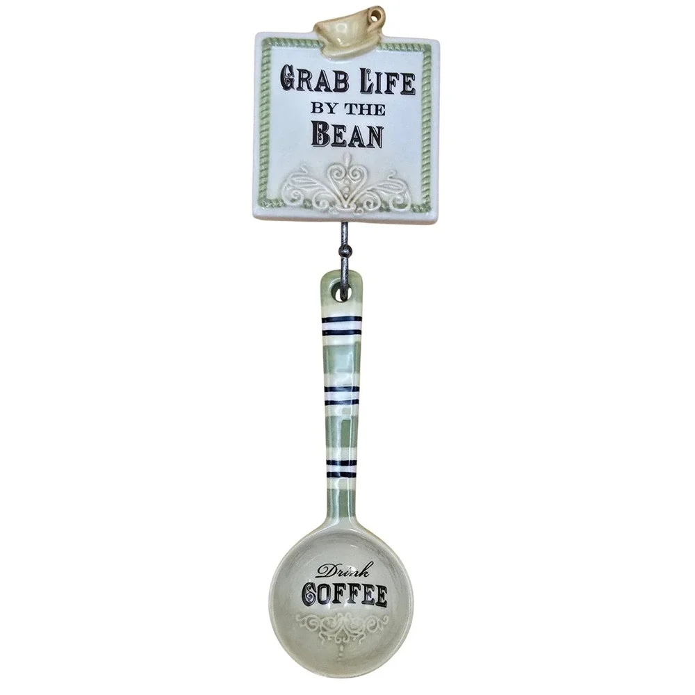 Ceramic Coffee Scoop and Wall‎ Hook Set Grab Life By The Bean Sage Green Cream